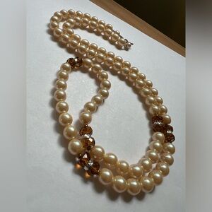 Faux Pearl Necklace with Amber Beads